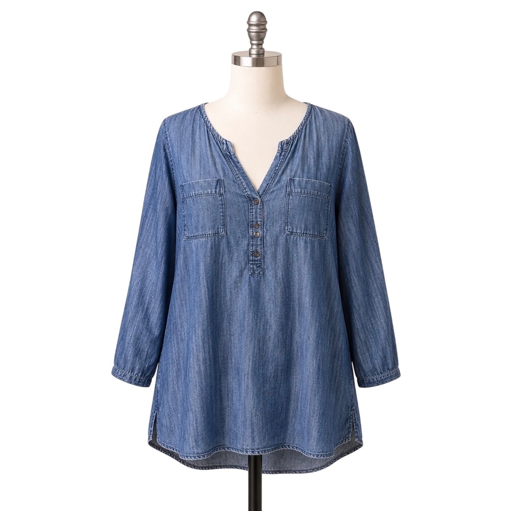 (A4) Lane Bryant Women 22/24 Denim Chambray Lyocell Tunic 3/4 Sleeve Top Blue